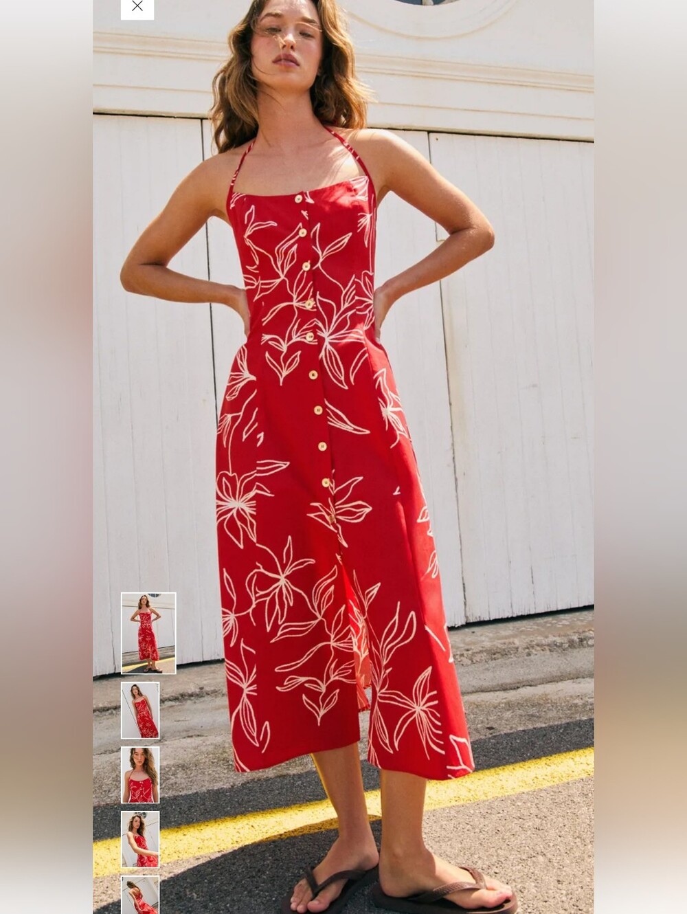 Zara Red Midi Dress with White Botanical Print